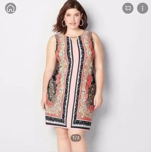 Avenue Multi Color Jeweled Keyhole Scoop Neckline Sleeveless Print Dress